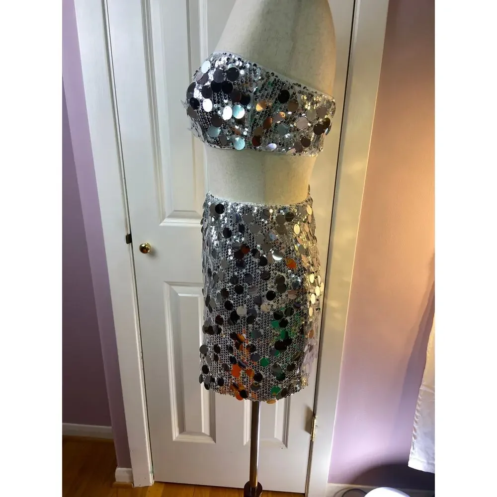 SHEIN 2 piece, Aveloria Rosie‎ sexy silver mini skirt and top